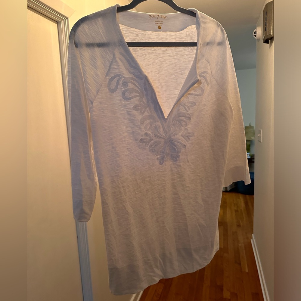 Lilly Pulitzer White Embroidered Tunic Shirt Cotton 3/4 Sleeve Xl V-Neck